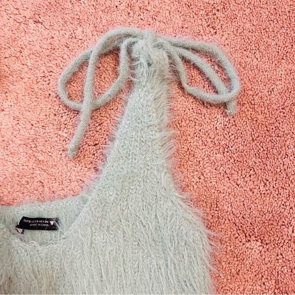 Zara Seafoam Mint Green Fuzzy Tie-Shoulder Crop Top Bralette. Size Small. - Picture 7 of 14